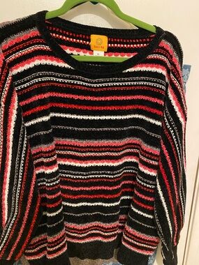 Ruby Rd. Striped Crewneck Sweater in Black, Red, White & Gray